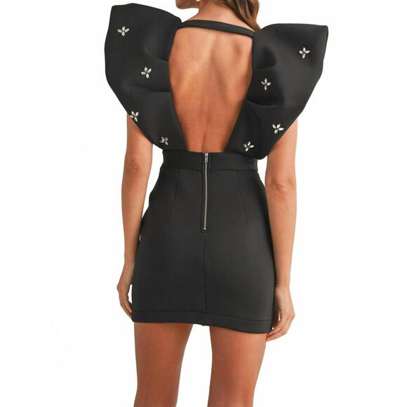 NEW MABLE flare shoulder v-neck mini dress in black - Picture 4 of 6